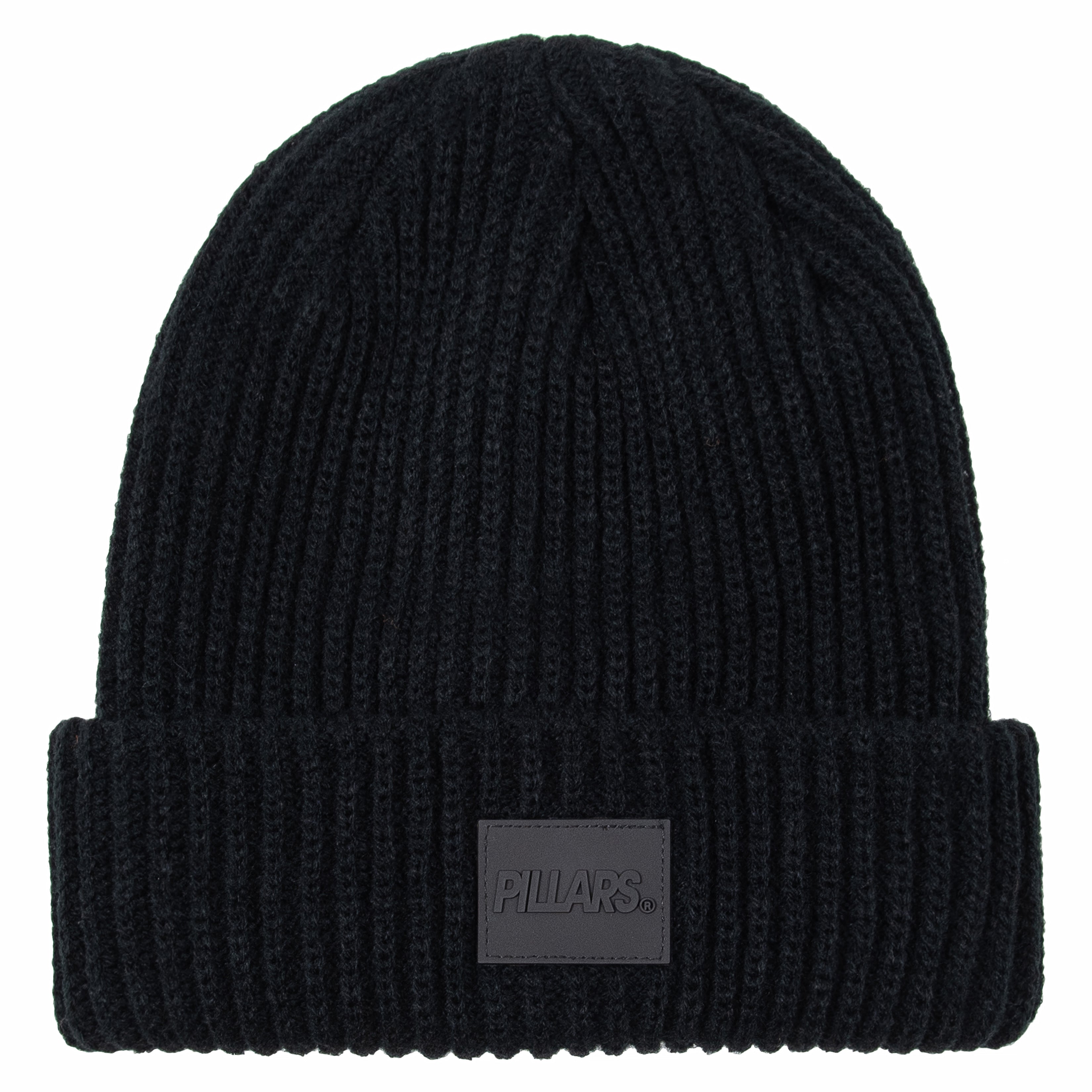 RUBBER PATCH RIBBED BEANIE | BLACK